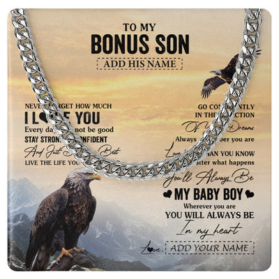 Cuban Link Chain Necklace Stainless Steel | 1 | Personalized To My Bonus Son Gifts From Stepmother Stepdad Necklace Eagle Never Forget How Much I Love You Stepson Birthday Christmas Gift Box Message Card | siriusteestore.myshopify