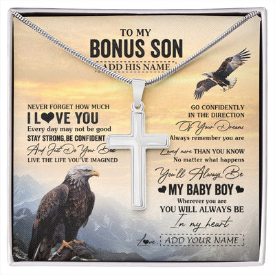 Stainless Cross Necklace Stainless Steel | 1 | Personalized To My Bonus Son Gifts From Stepmother Stepdad Necklace Eagle Never Forget How Much I Love You Stepson Birthday Christmas Gift Box Message Card | siriusteestore.myshopify