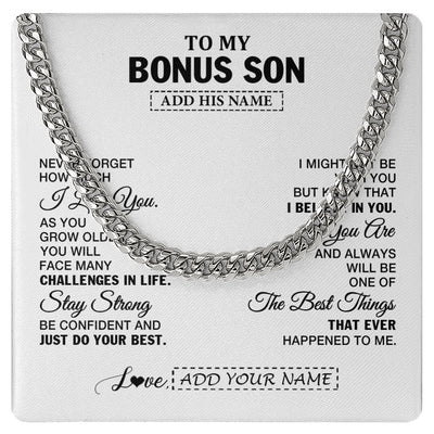 Cuban Link Chain Necklace Stainless Steel | 1 | Personalized To My Bonus Son Gifts From Stepmother Stepdad Necklace I Love You Thoughtful Keepsake Gift For Stepson Birthday Christmas Gift Box Message Card | https://siriusteestore.