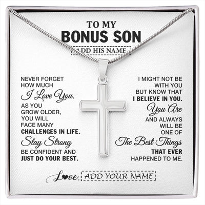 Stainless Cross Necklace Stainless Steel | 1 | Personalized To My Bonus Son Gifts From Stepmother Stepdad Necklace I Love You Thoughtful Keepsake Gift For Stepson Birthday Christmas Gift Box Message Card | https://siriusteestore.