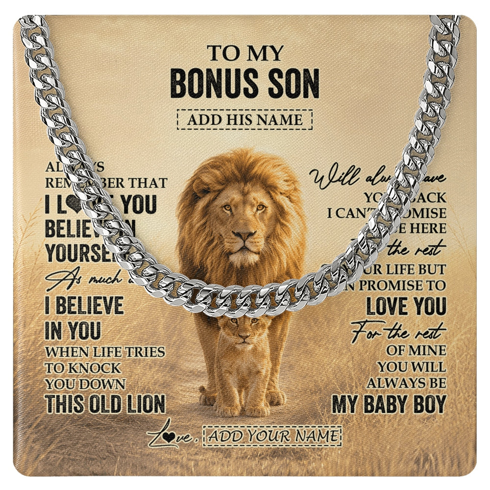 Cuban Link Chain Necklace Stainless Steel | 1 | Personalized To My Bonus Son Gifts Necklace From Stepdad Always Remember Lion Gifts For Stepson Birthday Graduation Christmas Custom Gift Box Message Card | https://siriusteestore.