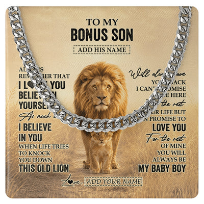 Cuban Link Chain Necklace Stainless Steel | 1 | Personalized To My Bonus Son Gifts Necklace From Stepdad Always Remember Lion Gifts For Stepson Birthday Graduation Christmas Custom Gift Box Message Card | https://siriusteestore.