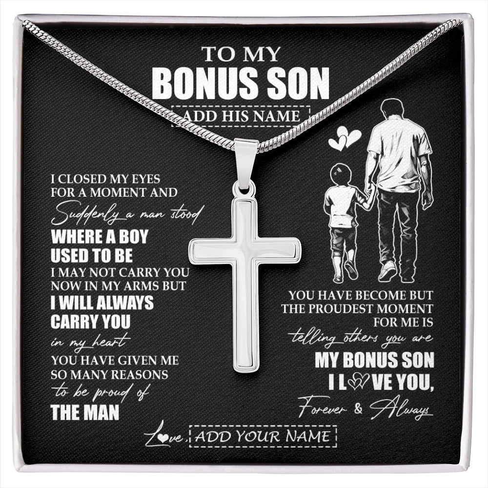 Stainless Cross Necklace Stainless Steel | 1 | Personalized To My Bonus Son Gifts Necklace From Stepdad I Closed My Eyes For A Moment Stepson Birthday Graduation Christmas Customized Gift Box Message Card | siriusteestore.myshopify