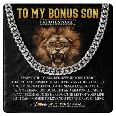 Cuban Link Chain Necklace Stainless Steel | 1 | Personalized To My Bonus Son Gifts Necklace From Stepdad Stepmom Believe In Your Heart Lion Stepson Birthday Gifts Graduation Christmas Gift Box Message Card | https://siriusteestore.