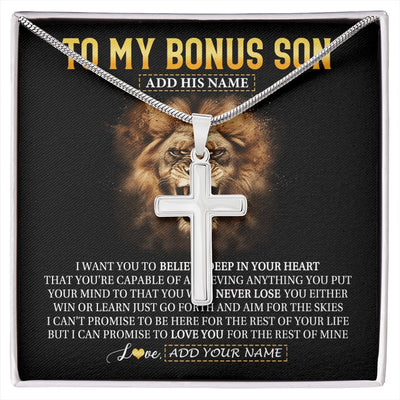 Stainless Cross Necklace Stainless Steel | 1 | Personalized To My Bonus Son Gifts Necklace From Stepdad Stepmom Believe In Your Heart Lion Stepson Birthday Gifts Graduation Christmas Gift Box Message Card | https://siriusteestore.