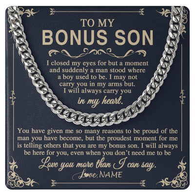 Cuban Link Chain Necklace Stainless Steel | 1 | Personalized To My Bonus Son Gifts Necklace From Stepdad Stepmom I Closed My Eyes Gift For Stepson Birthday Jewelry For Men Christmas Gift Box Message Card | siriusteestore