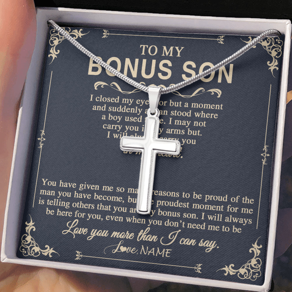 Stainless Cross Necklace Stainless Steel | 2 | Personalized To My Bonus Son Gifts Necklace From Stepdad Stepmom I Closed My Eyes Gift For Stepson Birthday Jewelry For Men Christmas Gift Box Message Card | siriusteestore