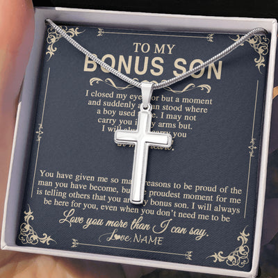 Stainless Cross Necklace Stainless Steel | 2 | Personalized To My Bonus Son Gifts Necklace From Stepdad Stepmom I Closed My Eyes Gift For Stepson Birthday Jewelry For Men Christmas Gift Box Message Card | siriusteestore
