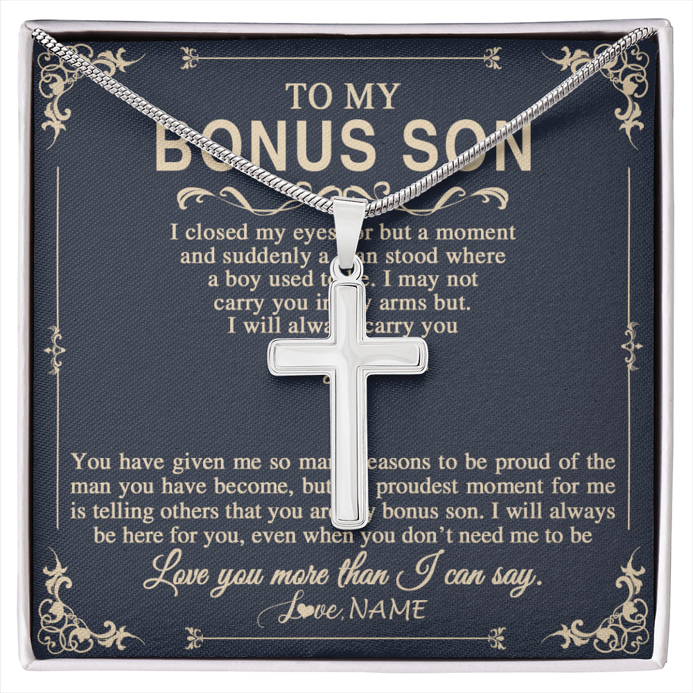 Stainless Cross Necklace Stainless Steel | 1 | Personalized To My Bonus Son Gifts Necklace From Stepdad Stepmom I Closed My Eyes Gift For Stepson Birthday Jewelry For Men Christmas Gift Box Message Card | siriusteestore