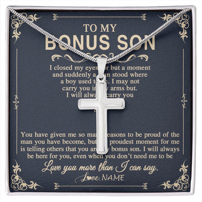 Stainless Cross Necklace Stainless Steel | 1 | Personalized To My Bonus Son Gifts Necklace From Stepdad Stepmom I Closed My Eyes Gift For Stepson Birthday Jewelry For Men Christmas Gift Box Message Card | siriusteestore
