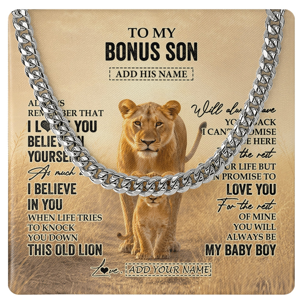 Cuban Link Chain Necklace Stainless Steel | 1 | Personalized To My Bonus Son Gifts Necklace From Stepmom Always Remember Lion Gifts For Stepson Birthday Graduation Christmas Custom Gift Box Message Card | https://siriusteestore.