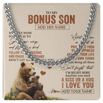 Cuban Link Chain Necklace Stainless Steel | 1 | Personalized To My Bonus Son Gifts Necklace From Stepmom Stepdad Bear My Only Wish For You Stepson Birthday Gifts Graduation Christmas Gift Box Message Card | siriusteestore.myshopify