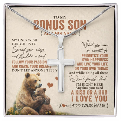 Stainless Cross Necklace Stainless Steel | 1 | Personalized To My Bonus Son Gifts Necklace From Stepmom Stepdad Bear My Only Wish For You Stepson Birthday Gifts Graduation Christmas Gift Box Message Card | siriusteestore.myshopify