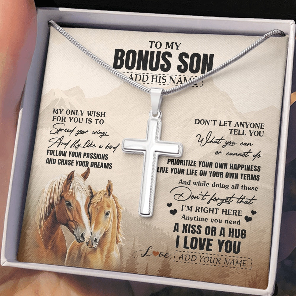 Stainless Cross Necklace Stainless Steel | 2 | Personalized To My Bonus Son Gifts Necklace From Stepmom Stepdad Horse My Only Wish For You Stepson Birthday Gifts Graduation Christmas Gift Box Message Card | https://siriusteestore.