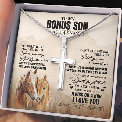 Stainless Cross Necklace Stainless Steel | 2 | Personalized To My Bonus Son Gifts Necklace From Stepmom Stepdad Horse My Only Wish For You Stepson Birthday Gifts Graduation Christmas Gift Box Message Card | https://siriusteestore.