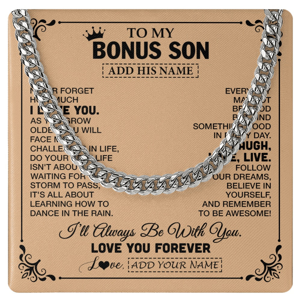 Cuban Link Chain Necklace Stainless Steel | 1 | Personalized To My Bonus Son Gifts Necklace From Stepmom Stepdad Never Forget How Much I Love You Stepson Birthday Gifts Christmas Gift Box Message Card | https://siriusteestore.