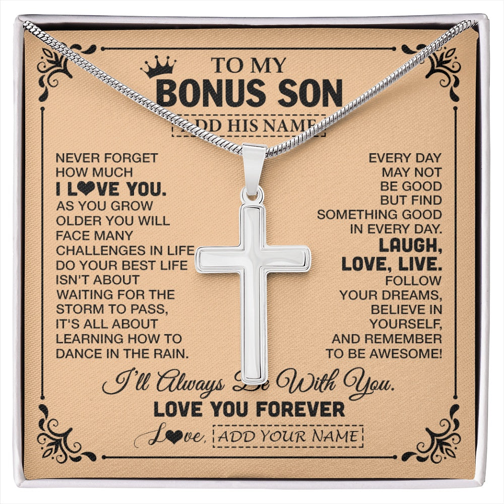 Stainless Cross Necklace Stainless Steel | 1 | Personalized To My Bonus Son Gifts Necklace From Stepmom Stepdad Never Forget How Much I Love You Stepson Birthday Gifts Christmas Gift Box Message Card | https://siriusteestore.