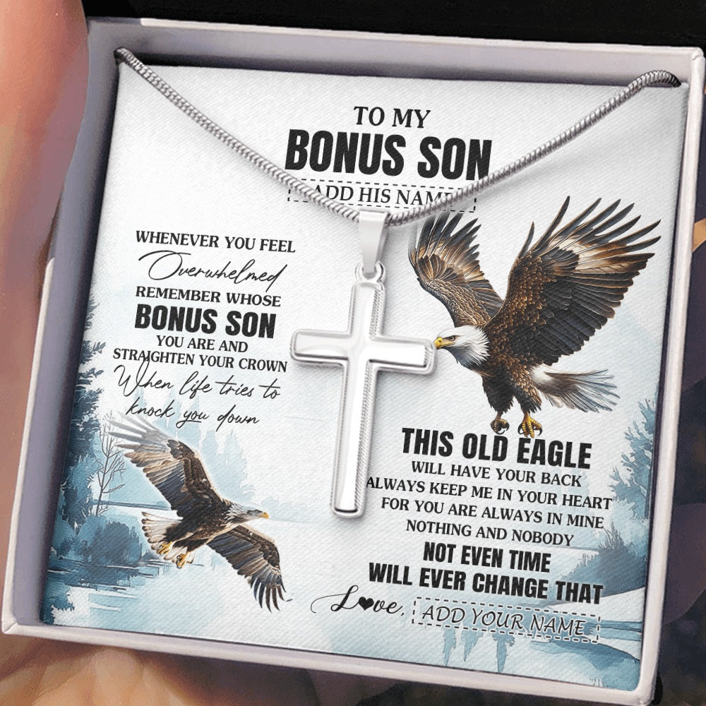 Stainless Cross Necklace Stainless Steel | 2 | Personalized To My Bonus Son Gifts Necklace From Stepmom Stepdad Whenever Eagle Unique Birthday Gifts For Stepson Christmas Jewelry Gift Box Message Card | https://siriusteestore.