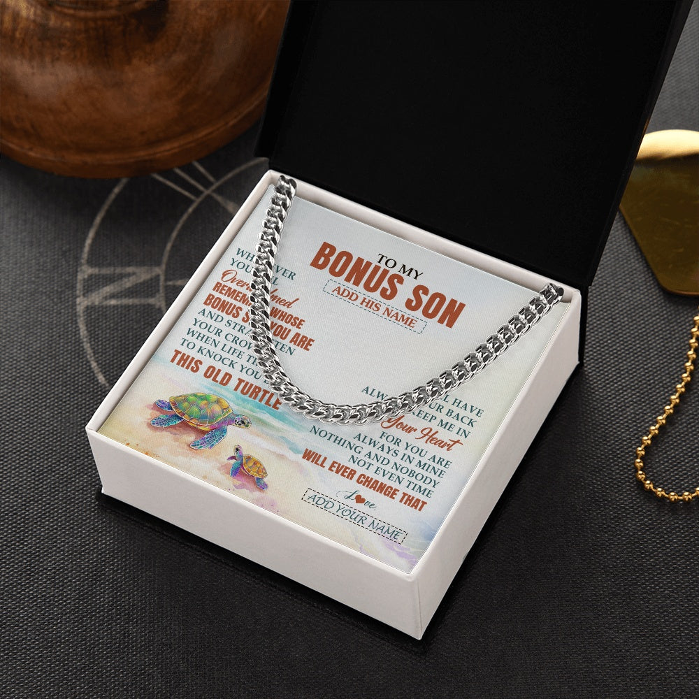 Cuban Link Chain Necklace Stainless Steel | 2 | Personalized To My Bonus Son Gifts Necklace From Stepmom Stepdad Whenever Turtle Unique Birthday Gifts For Stepson Christmas Custom Gift Box Message Card | https://siriusteestore.