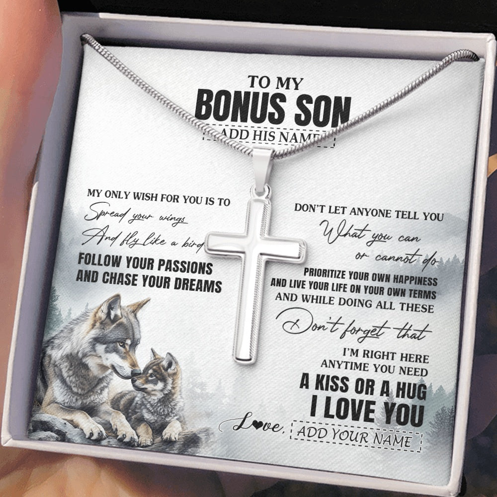 Stainless Cross Necklace Stainless Steel | 2 | Personalized To My Bonus Son Gifts Necklace From Stepmom Stepdad Wolf My Only Wish For You Stepson Birthday Gifts Graduation Christmas Gift Box Message Card | https://siriusteestore.