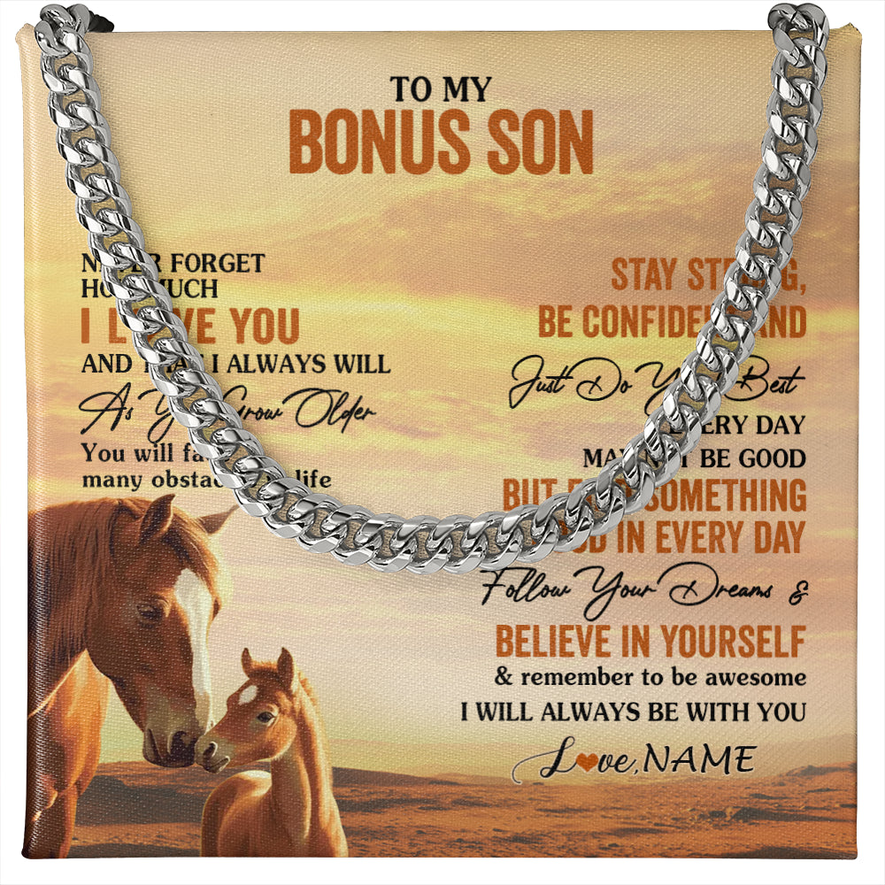 Cuban Link Chain Necklace Stainless Steel | 1 | Personalized To My Bonus Son I Love You Forever Necklace From Stepmom Stepdad Horse Stepson Birthday Graduation Christmas Customized Gift Box Message Card | siriusteestore