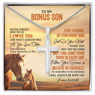 Stainless Cross Necklace Stainless Steel | 1 | Personalized To My Bonus Son I Love You Forever Necklace From Stepmom Stepdad Horse Stepson Birthday Graduation Christmas Customized Gift Box Message Card | siriusteestore