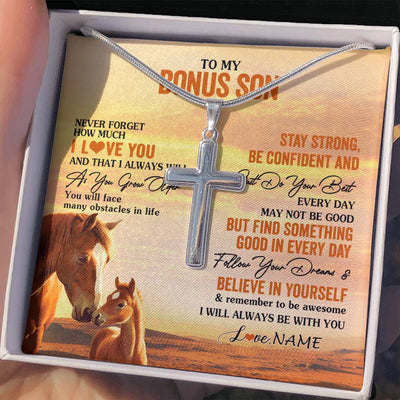 Stainless Cross Necklace Stainless Steel | 2 | Personalized To My Bonus Son I Love You Forever Necklace From Stepmom Stepdad Horse Stepson Birthday Graduation Christmas Customized Gift Box Message Card | siriusteestore