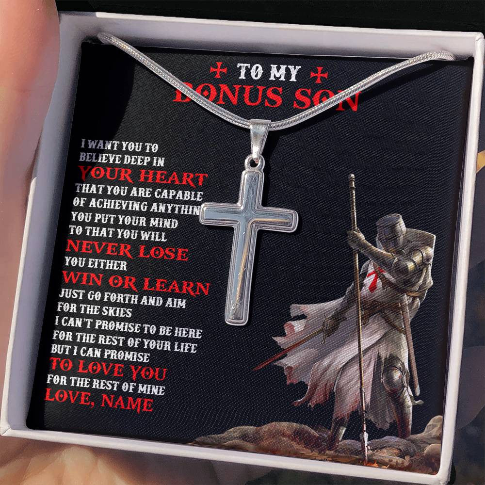 Stainless Cross Necklace Stainless Steel | 2 | Personalized To My Bonus Son Knight Templar Necklace From Stepdad Stepmom You Will Never Lose Stepson Birthday Gifts Christmas Customized Gift Box Message Card | siriusteestore