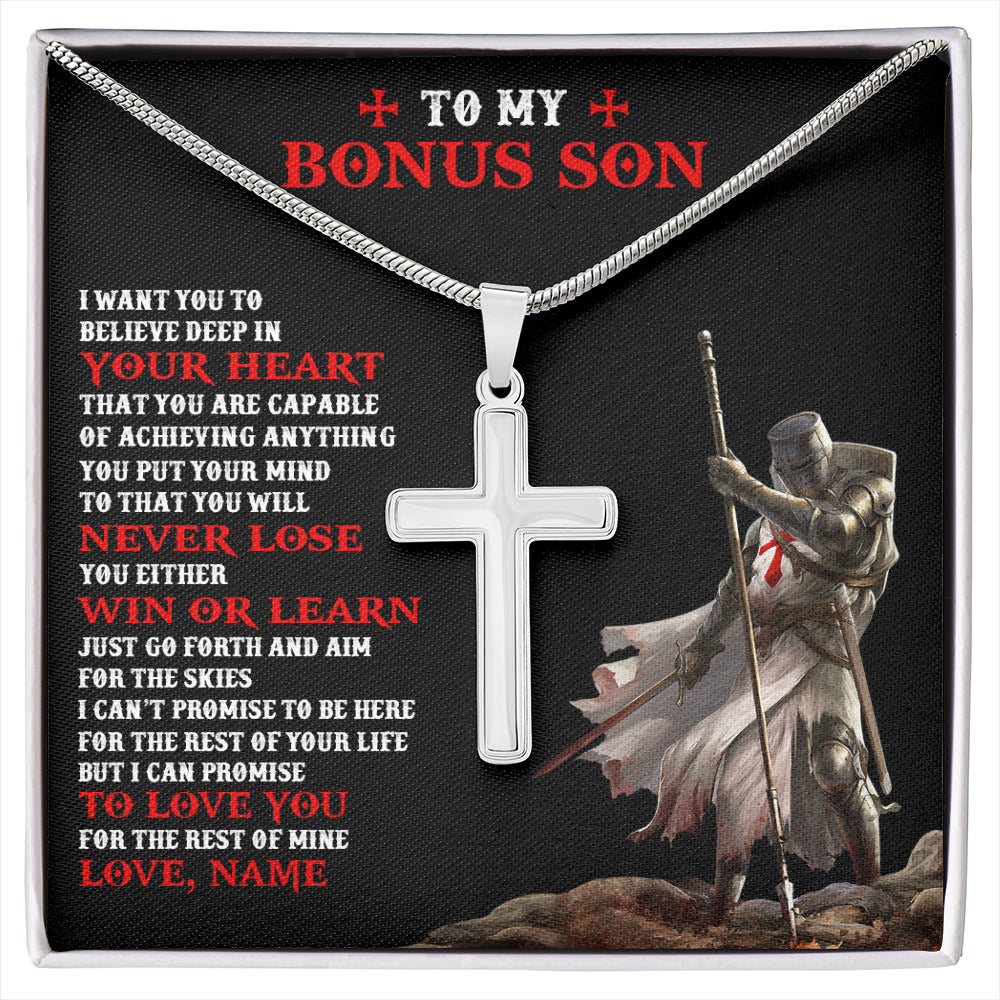 Stainless Cross Necklace Stainless Steel | 1 | Personalized To My Bonus Son Knight Templar Necklace From Stepdad Stepmom You Will Never Lose Stepson Birthday Gifts Christmas Customized Gift Box Message Card | siriusteestore