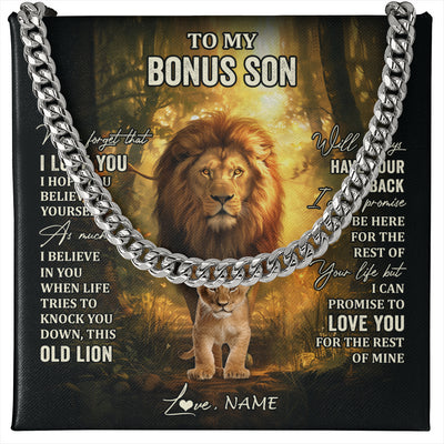Cuban Link Chain Necklace Stainless Steel | 1 | Personalized To My Bonus Son Lion Necklace From Stepdad Never Forget That I Love You Stepson Birthday Graduation Christmas Customized Gift Box Message Card | siriusteestore