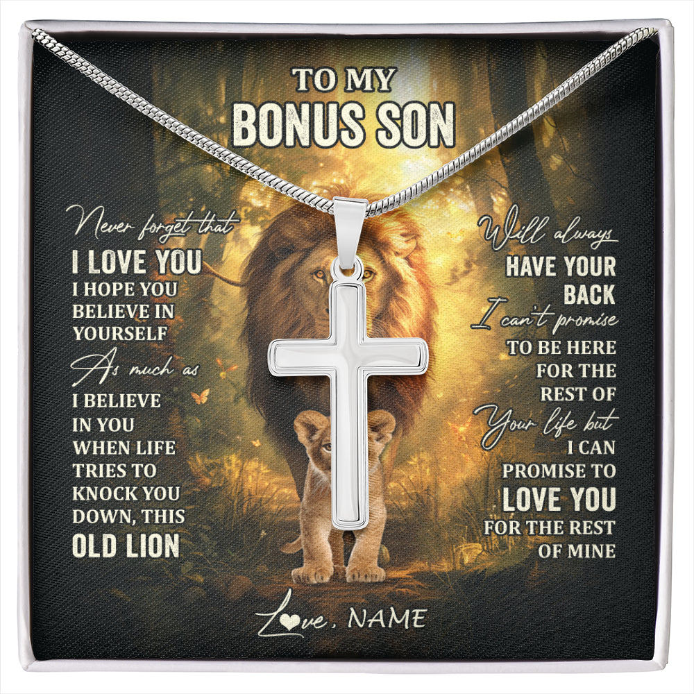 Stainless Cross Necklace Stainless Steel | 1 | Personalized To My Bonus Son Lion Necklace From Stepdad Never Forget That I Love You Stepson Birthday Graduation Christmas Customized Gift Box Message Card | siriusteestore