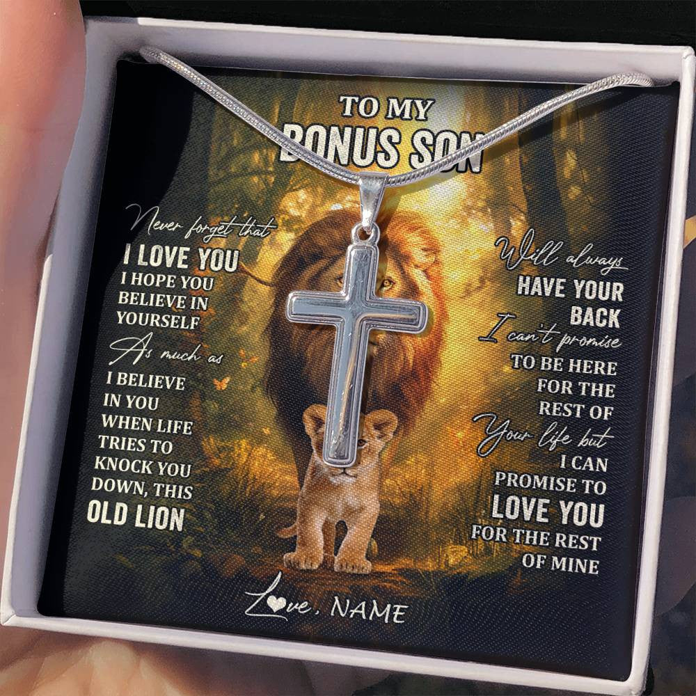 Stainless Cross Necklace Stainless Steel | 2 | Personalized To My Bonus Son Lion Necklace From Stepdad Never Forget That I Love You Stepson Birthday Graduation Christmas Customized Gift Box Message Card | siriusteestore