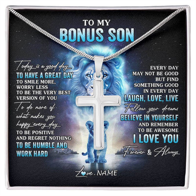 Stainless Cross Necklace Stainless Steel | 1 | Personalized To My Bonus Son Lion Necklace From Stepdad Stepfather Every Day Laugh Love Live Stepson Birthday Christmas Customized Gift Box Message Card | siriusteestore