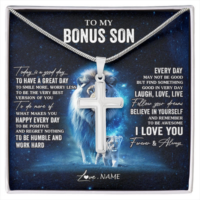 Stainless Cross Necklace Stainless Steel | 1 | Personalized To My Bonus Son Lion Necklace From Stepdad Today Is A Good Day Stepson Gifts Birthday Graduation Christmas Customized Gift Box Message Card | siriusteestore