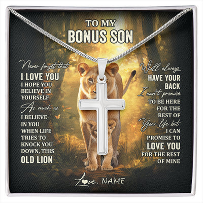 Stainless Cross Necklace Stainless Steel | 1 | Personalized To My Bonus Son Lion Necklace From Stepmom Never Forget That I Love You Stepson Birthday Graduation Christmas Customized Gift Box Message Card | siriusteestore