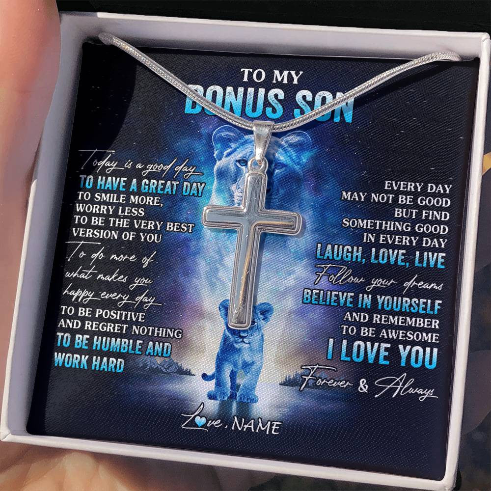 Stainless Cross Necklace Stainless Steel | 2 | Personalized To My Bonus Son Lion Necklace From Stepmom Stepmother Every Day Laugh Love Live Stepson Birthday Christmas Customized Gift Box Message Card | siriusteestore