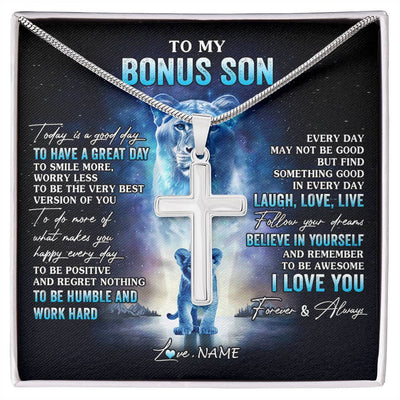Stainless Cross Necklace Stainless Steel | 1 | Personalized To My Bonus Son Lion Necklace From Stepmom Stepmother Every Day Laugh Love Live Stepson Birthday Christmas Customized Gift Box Message Card | siriusteestore