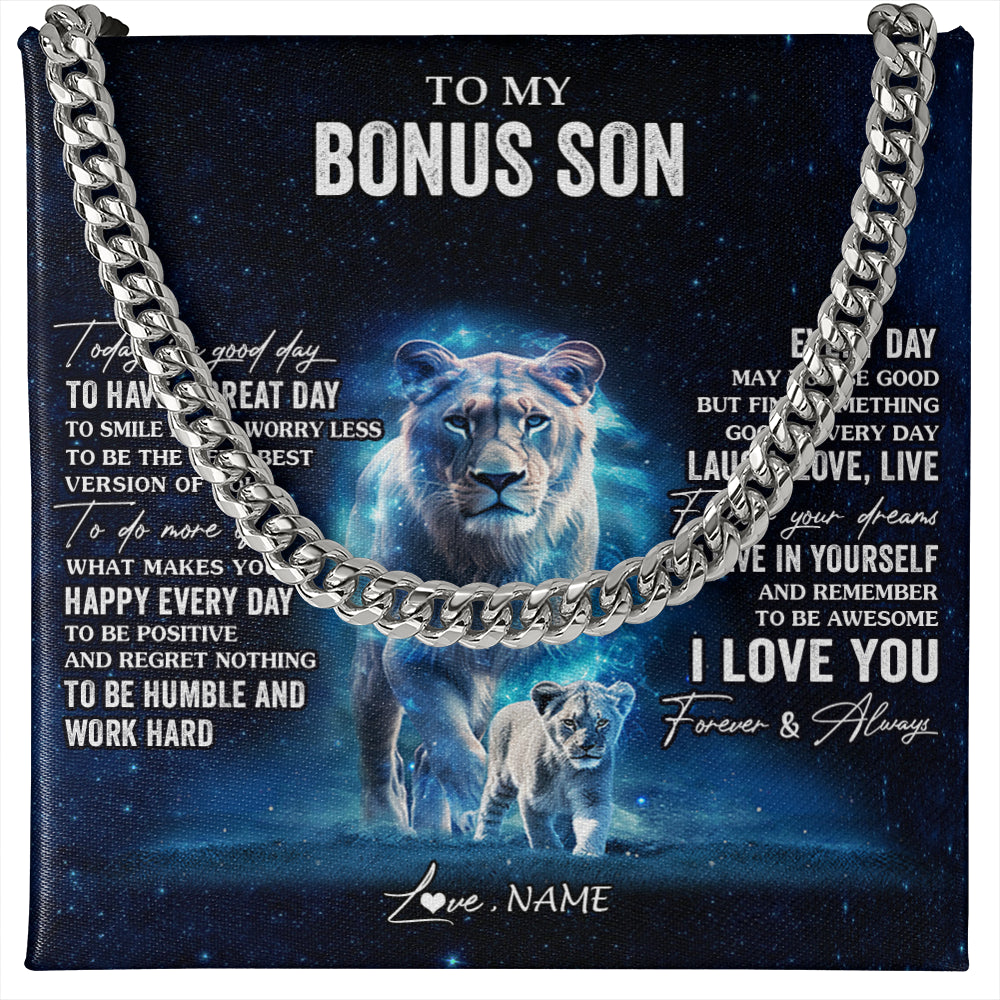 Cuban Link Chain Necklace Stainless Steel | 1 | Personalized To My Bonus Son Lion Necklace From Stepmom Today Is A Good Day Stepson Gifts Birthday Graduation Christmas Customized Gift Box Message Card | siriusteestore