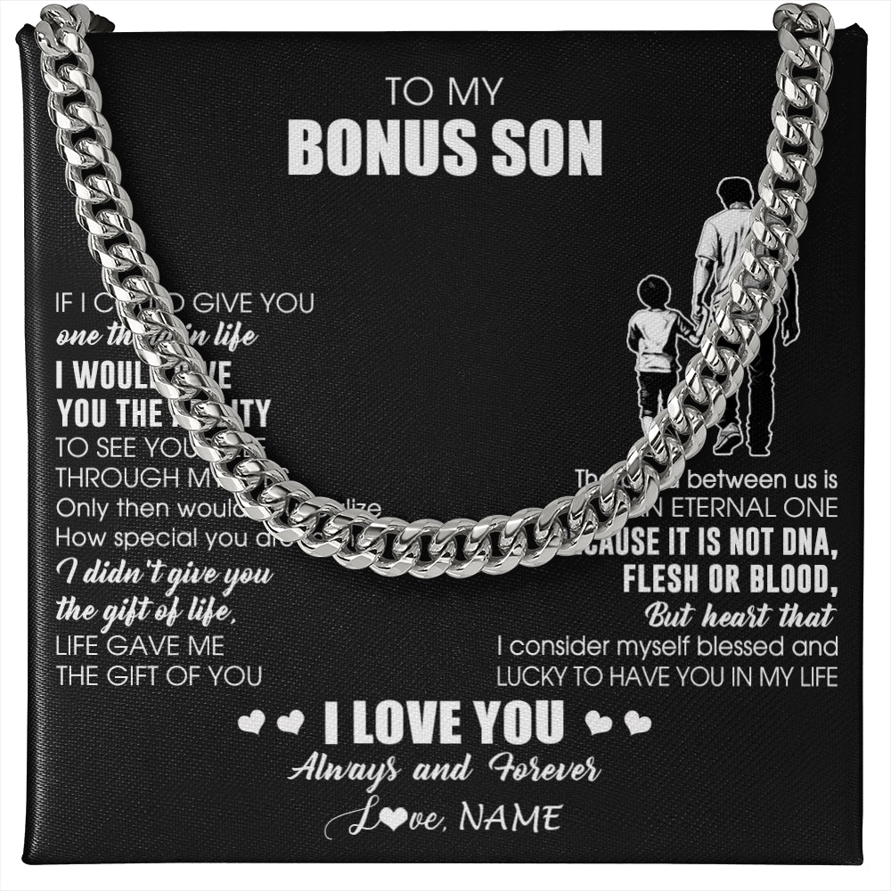 Cuban Link Chain Necklace Stainless Steel | 1 | Personalized To My Bonus Son Necklace From Bonus Dad It Is Not DNA I Love You Stepson Birthday Gifts Meaningful Christmas Customized Gift Box Message Card | siriusteestore