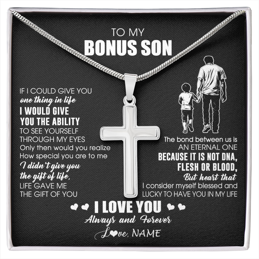 Stainless Cross Necklace Stainless Steel | 1 | Personalized To My Bonus Son Necklace From Bonus Dad It Is Not DNA I Love You Stepson Birthday Gifts Meaningful Christmas Customized Gift Box Message Card | siriusteestore
