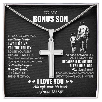 Stainless Cross Necklace Stainless Steel | 1 | Personalized To My Bonus Son Necklace From Bonus Dad It Is Not DNA I Love You Stepson Birthday Gifts Meaningful Christmas Customized Gift Box Message Card | siriusteestore