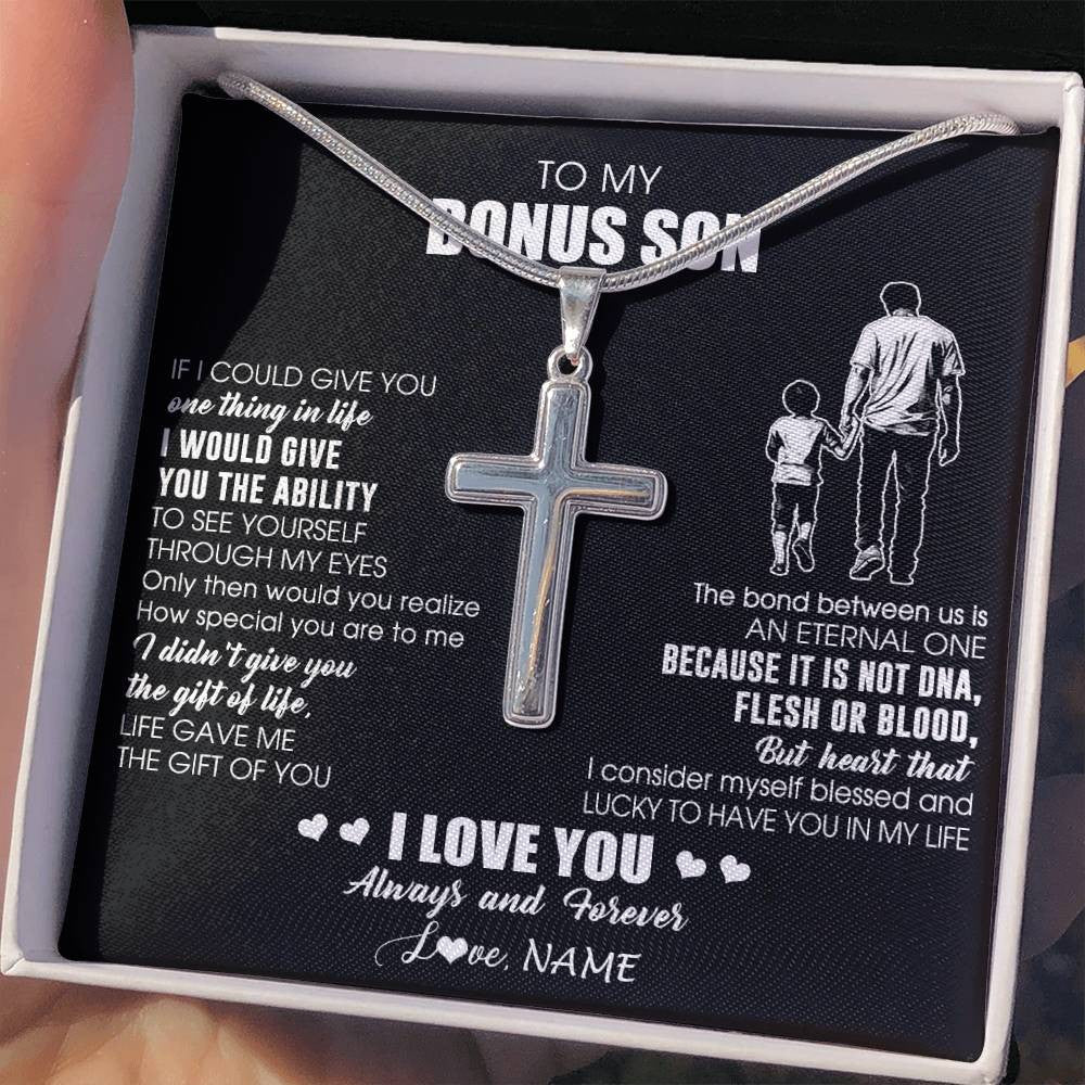Stainless Cross Necklace Stainless Steel | 2 | Personalized To My Bonus Son Necklace From Bonus Dad It Is Not DNA I Love You Stepson Birthday Gifts Meaningful Christmas Customized Gift Box Message Card | siriusteestore