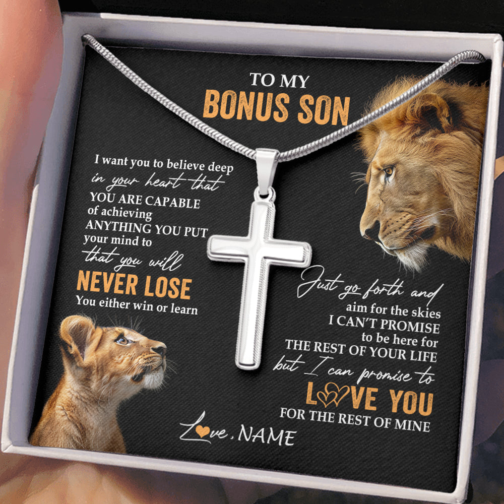Stainless Cross Necklace Stainless Steel | 2 | Personalized To My Bonus Son Necklace From Bonus Dad Stepfather You Will Never Lose Lion Stepson Birthday Gifts Graduation Christmas Gift Box Message Card | siriusteestore