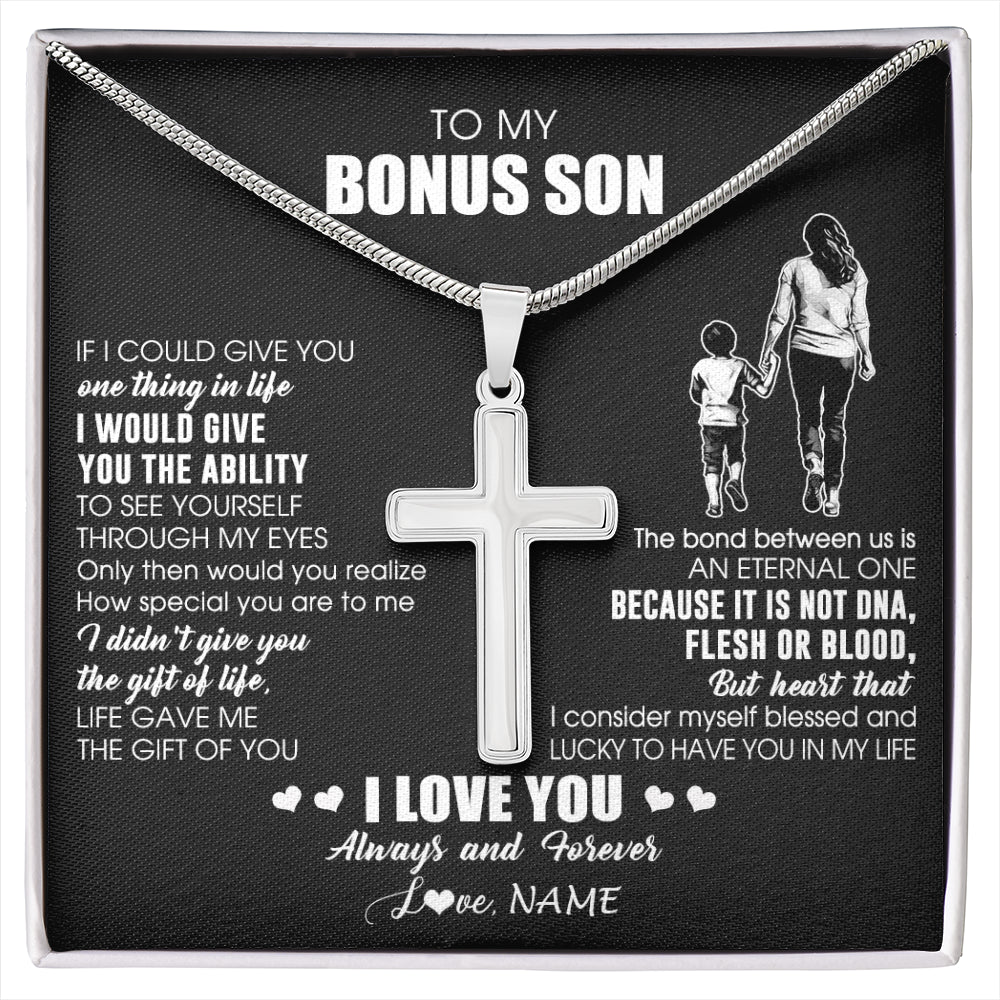 Stainless Cross Necklace Stainless Steel | 1 | Personalized To My Bonus Son Necklace From Bonus Mom It Is Not DNA I Love You Stepson Birthday Gifts Meaningful Christmas Customized Gift Box Message Card | siriusteestore
