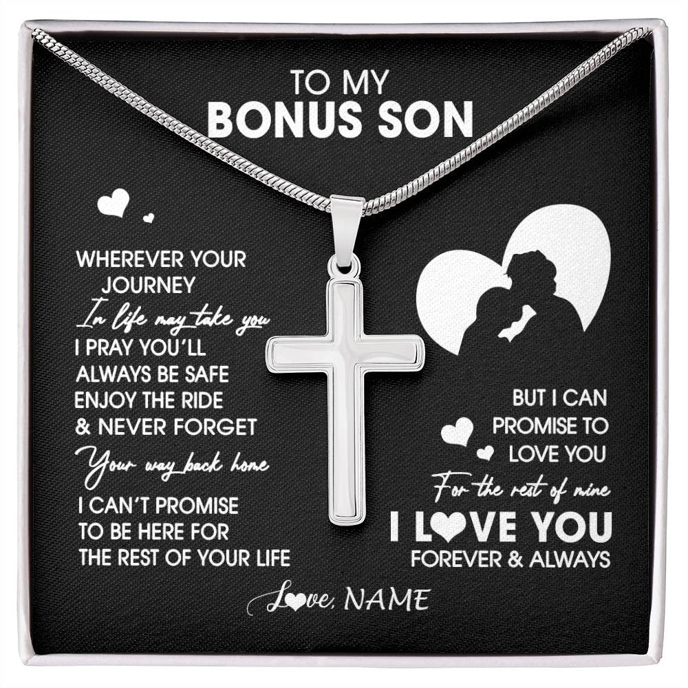 Stainless Cross Necklace Stainless Steel | 1 | Personalized To My Bonus Son Necklace From Step Dad Father Wherever Your Journey Stepson Birthday Gifts Graduation Christmas Customized Gift Box Message Card | siriusteestore