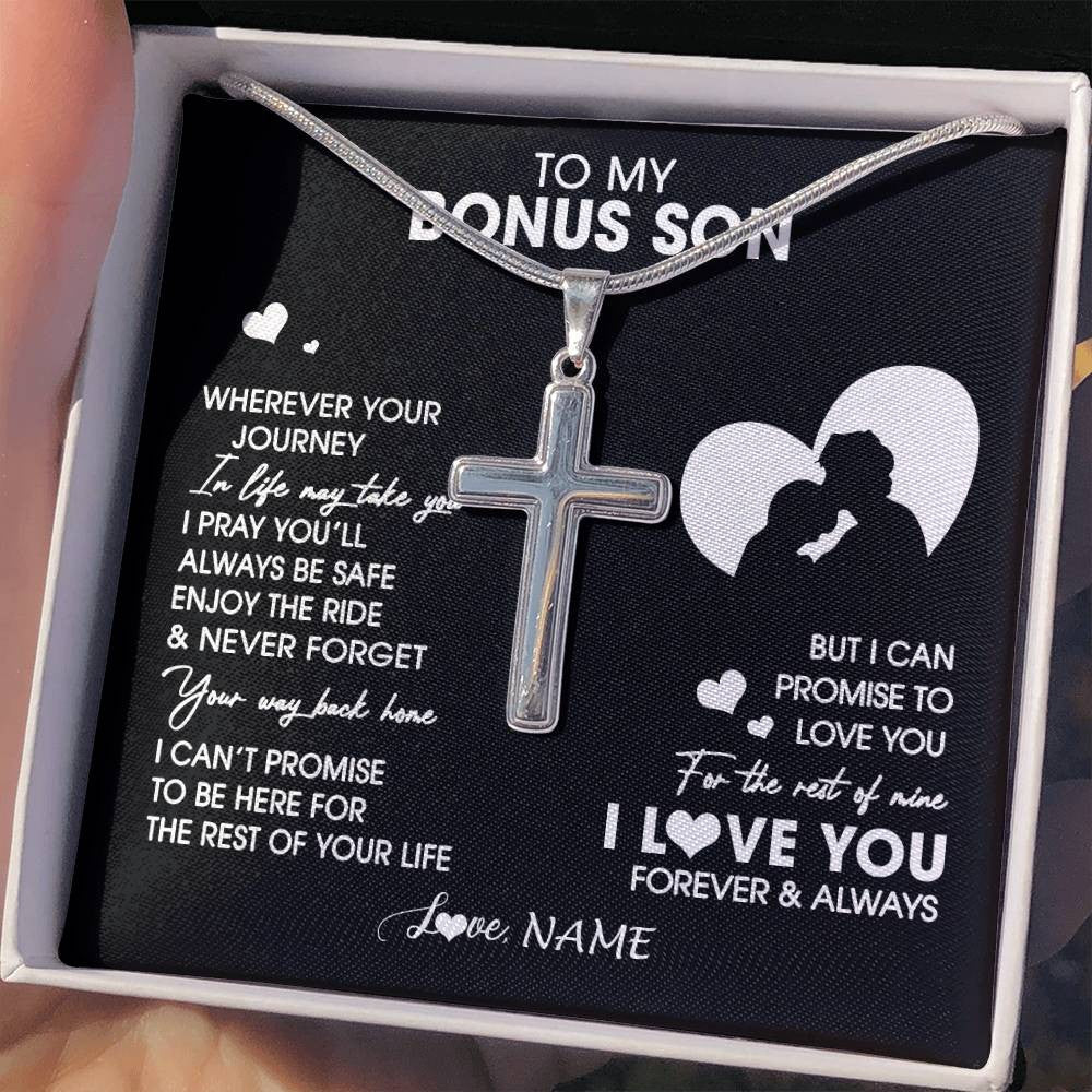 Stainless Cross Necklace Stainless Steel | 2 | Personalized To My Bonus Son Necklace From Step Dad Father Wherever Your Journey Stepson Birthday Gifts Graduation Christmas Customized Gift Box Message Card | siriusteestore