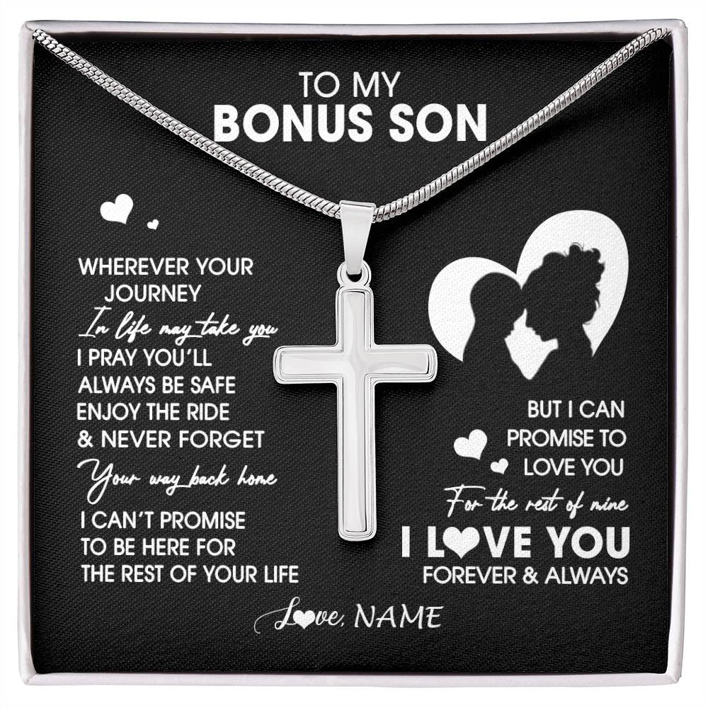 Stainless Cross Necklace Stainless Steel | 1 | Personalized To My Bonus Son Necklace From Step Mom Mother Wherever Your Journey Stepson Birthday Gifts Graduation Christmas Customized Gift Box Message Card | siriusteestore