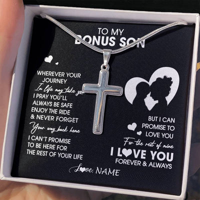 Stainless Cross Necklace Stainless Steel | 2 | Personalized To My Bonus Son Necklace From Step Mom Mother Wherever Your Journey Stepson Birthday Gifts Graduation Christmas Customized Gift Box Message Card | siriusteestore