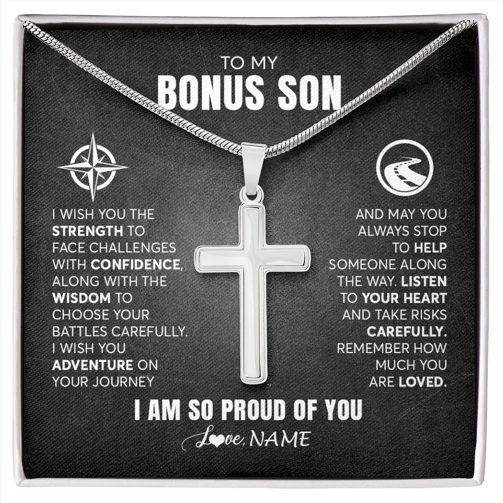 Stainless Cross Necklace Stainless Steel | 1 | Personalized To My Bonus Son Necklace From Step Mom Stepdad I Wish You The Strength Step Son Birthday Graduation Inspirational Customized Gift Box Message Card | siriusteestore.myshopify