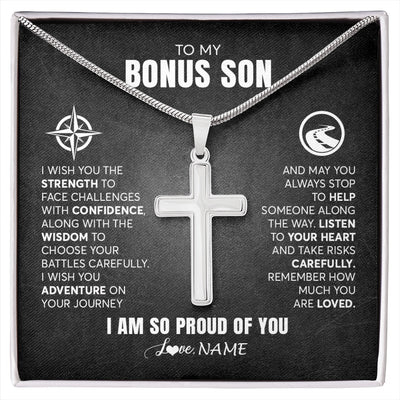 Stainless Cross Necklace Stainless Steel | 1 | Personalized To My Bonus Son Necklace From Step Mom Stepdad I Wish You The Strength Step Son Birthday Graduation Inspirational Customized Gift Box Message Card | siriusteestore.myshopify